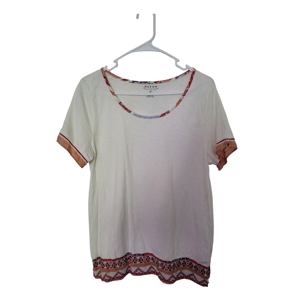 Roper T-Shirt Women Medium White Short Sleeve Western Boho Geometric Trim Slub
